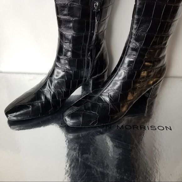 Sigerson Morrison Women's Black Paislee Croc Leath Knee High Boot 37- 0162, 0163